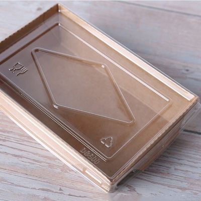 ふたが付いている500ml 600mlクラフト紙の皿の寿司の食糧箱300gsmの使い捨て可能な食品容器