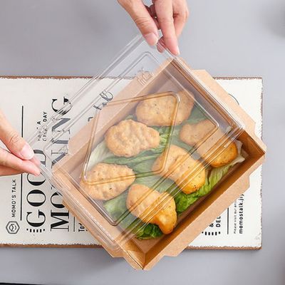 ふたが付いている500ml 600mlクラフト紙の皿の寿司の食糧箱300gsmの使い捨て可能な食品容器