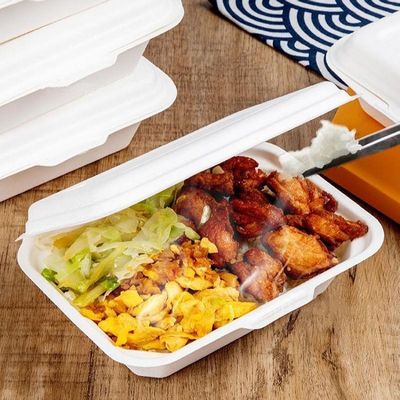 7 x 5inの生物分解性のサトウキビのバガスのパルプによって蝶番を付けられる食品容器はお弁当箱を取る