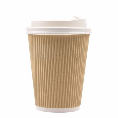 90MM PS PLAコーヒーのための再生利用できる12ozクラフトのさざ波の紙コップの酒の壁